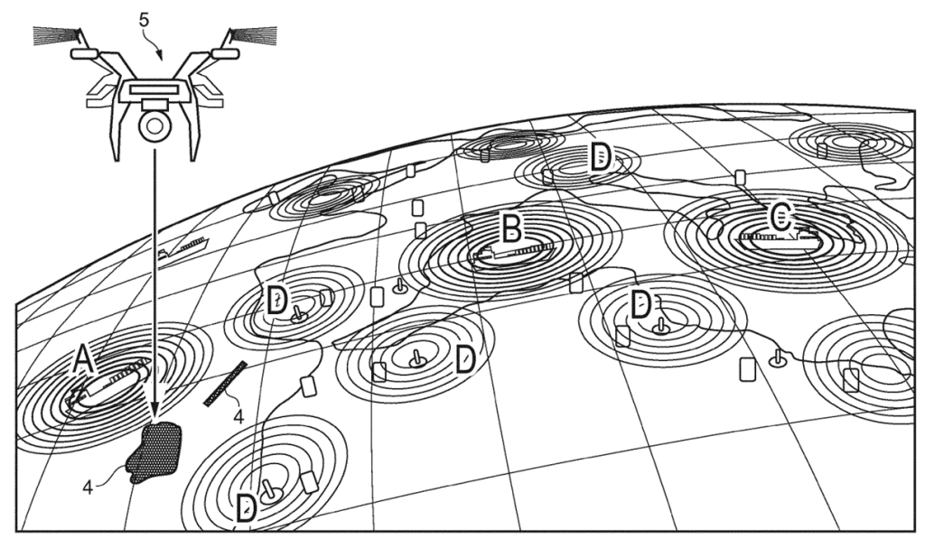 Rolls Royce patent, figure 2, EP3376488B1 showing a drone preparing a maritime object avoidance map